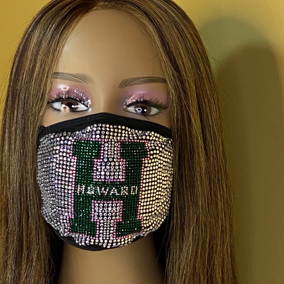 Howard University Bling Face Mask Pink and Green - Picture 12 of 12